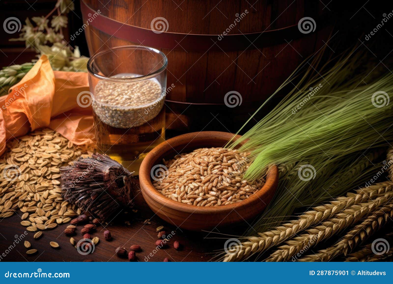 Closeup of Brewing Ingredients Malt, Hops, and Barley Stock Image