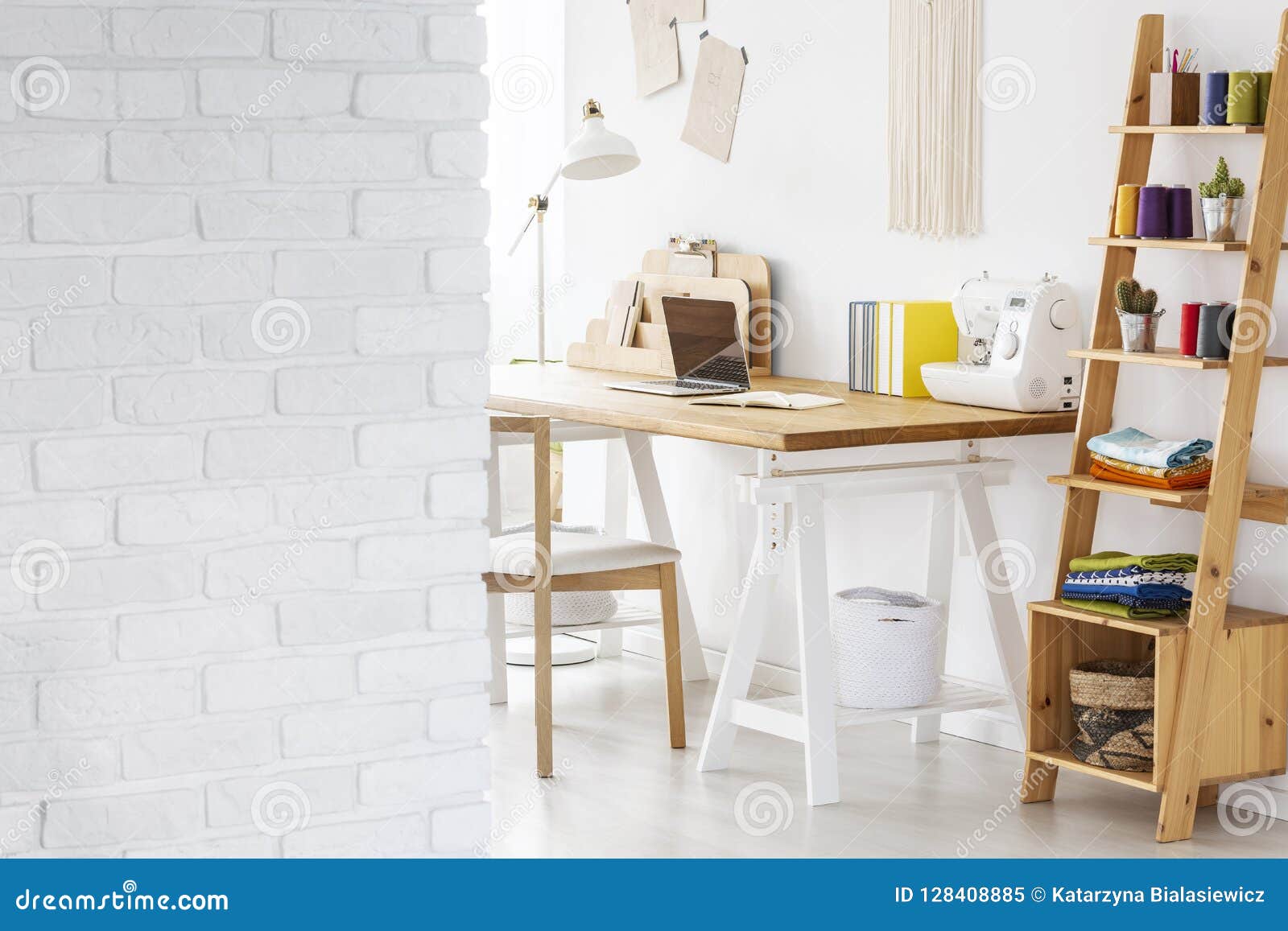 Close Up Of A Brick Wall In A Home Office Interior Stock Image