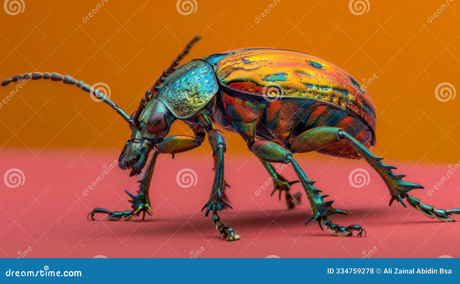 close-up of a brilliantly colored beetle