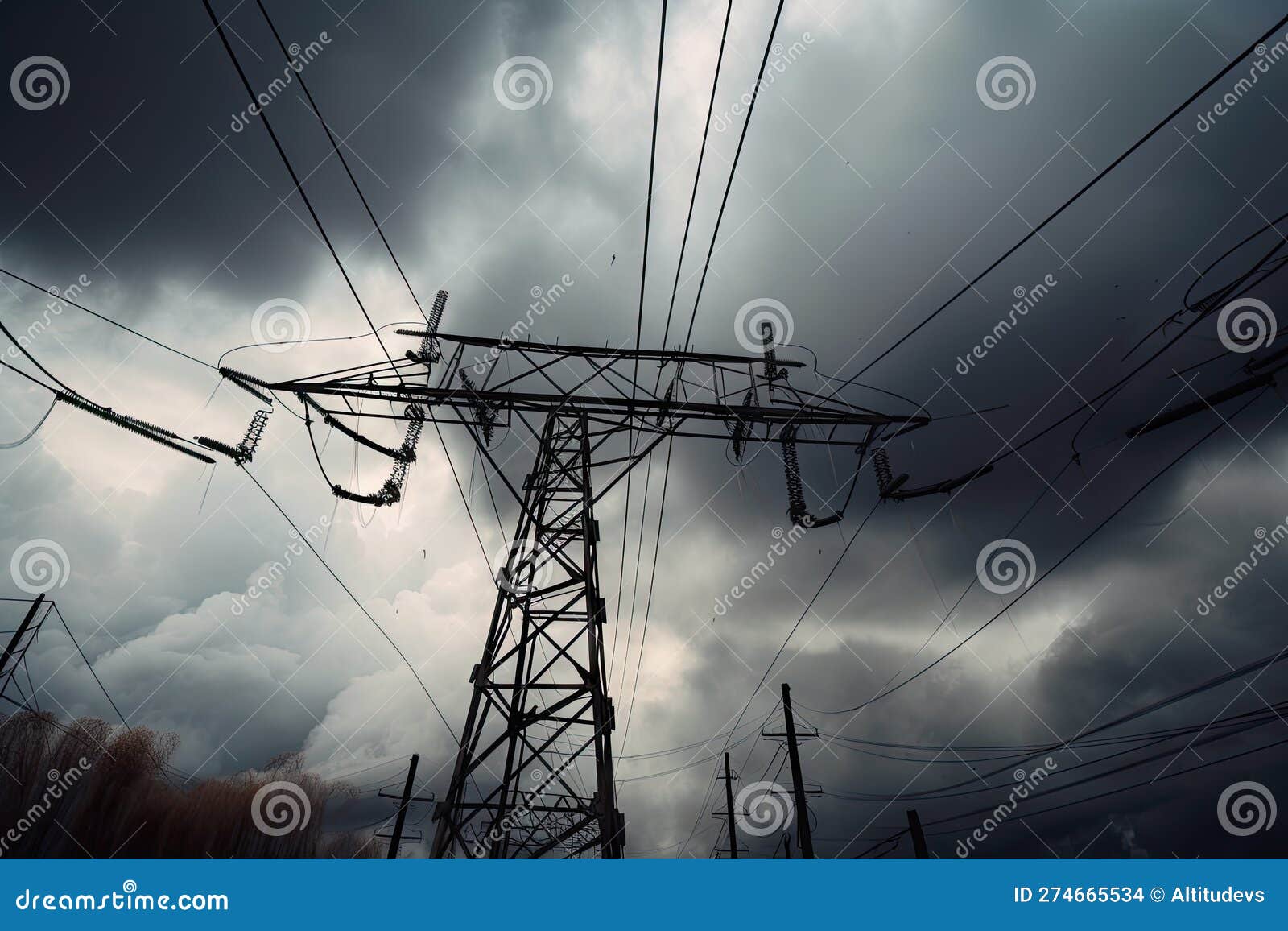 Closeup of Broken Power Lines Surrounded by Stormy Clouds Stock Illustration Illustration of