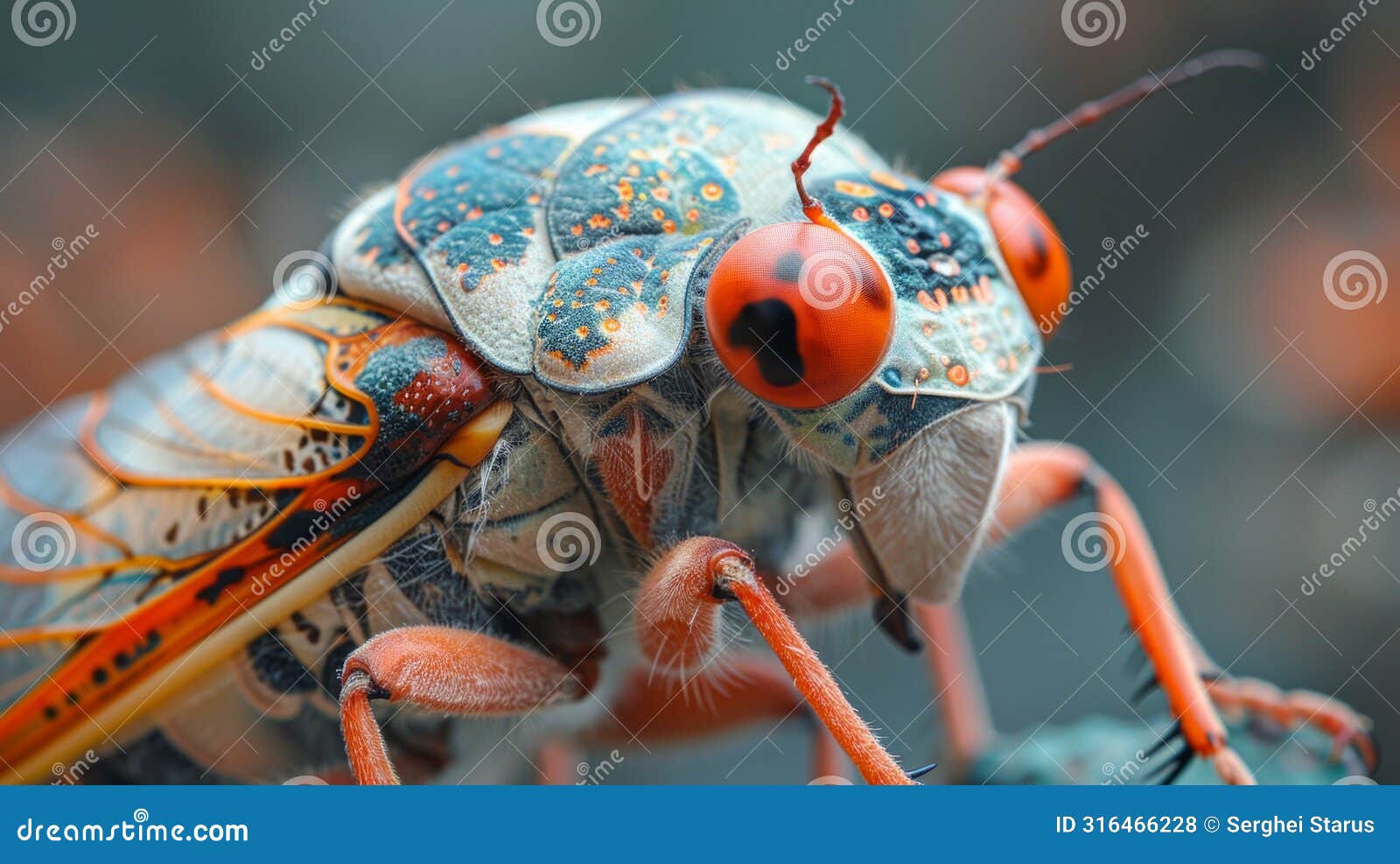 a close up of a bug with bright orange eyes and red antennae, ai