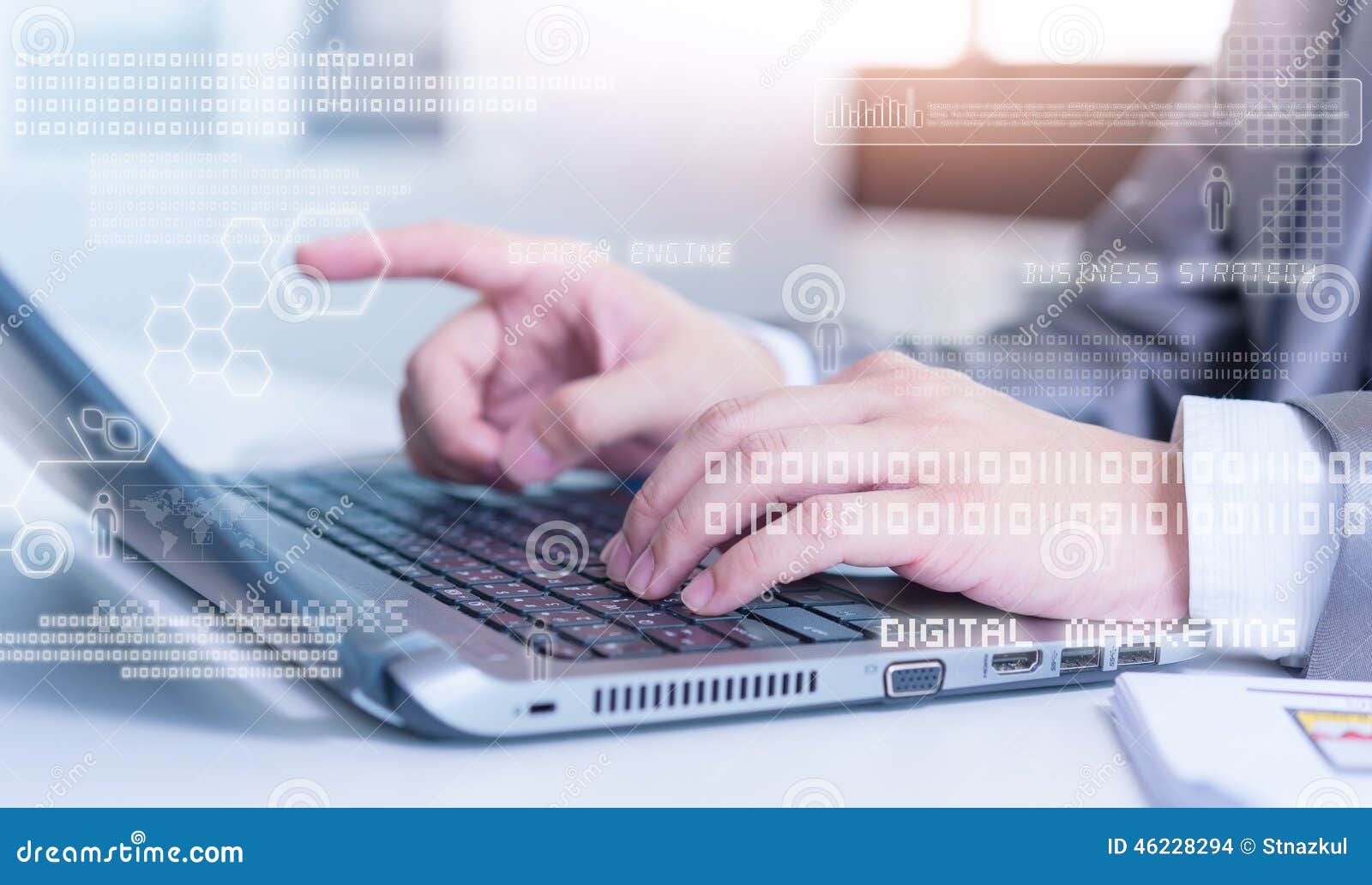 close up of business man typing on laptop conputer with technology layer effect