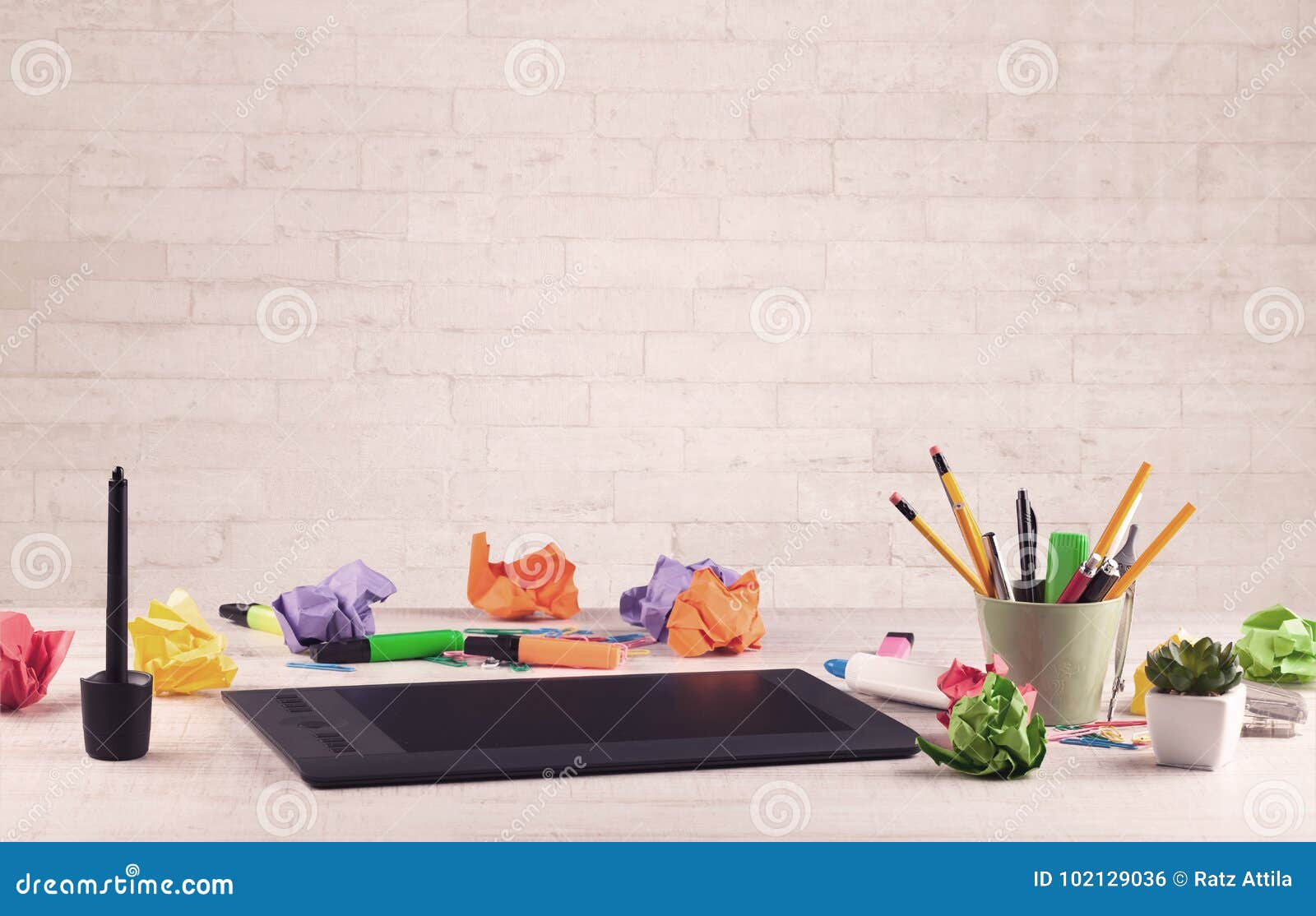 Office Desk Closeup With White Brick Wall Stock Photo Image Of