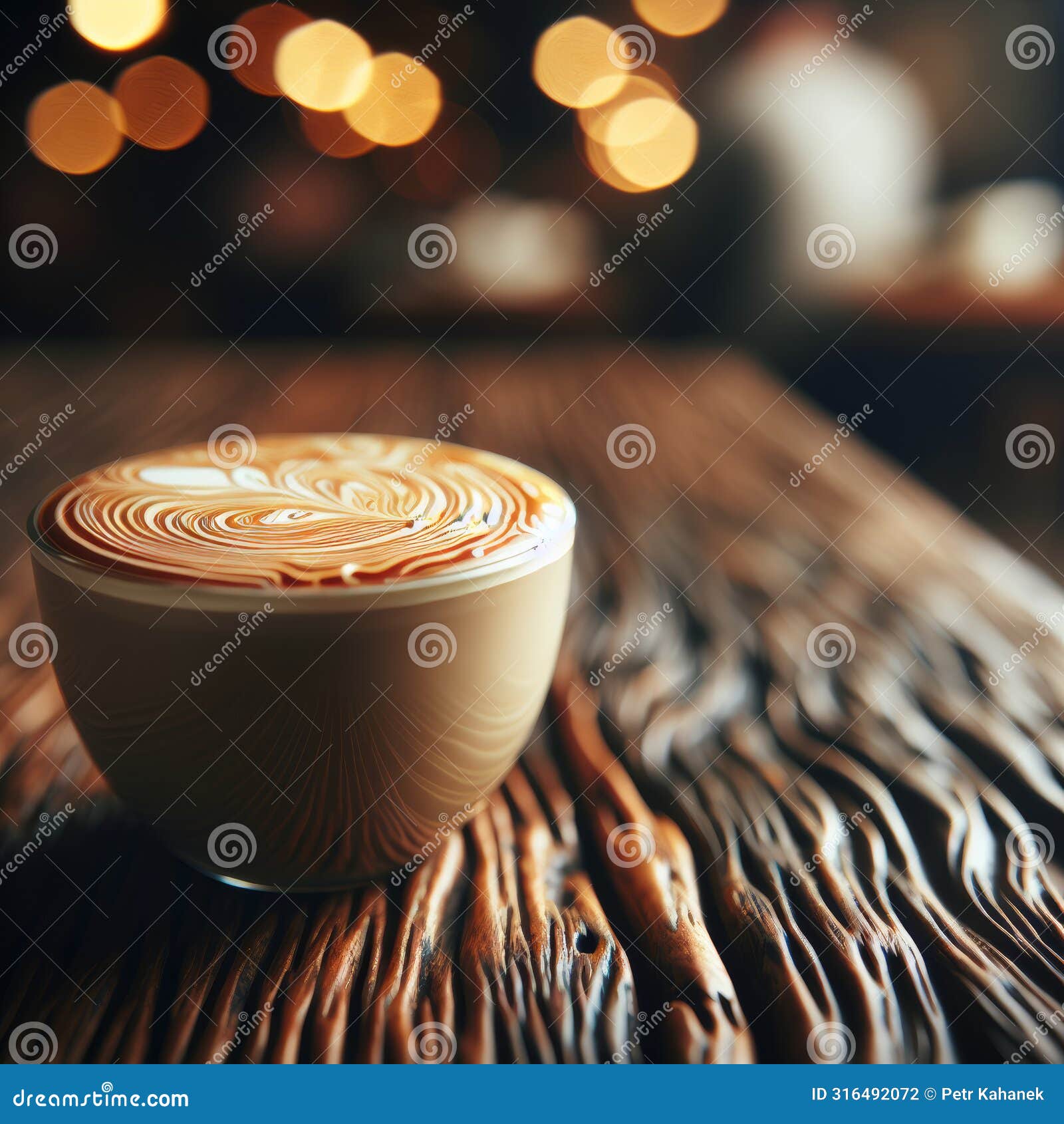 close-up of a cafe au lait on a wooden table, bokeh cafe lights in the background. ai generated.