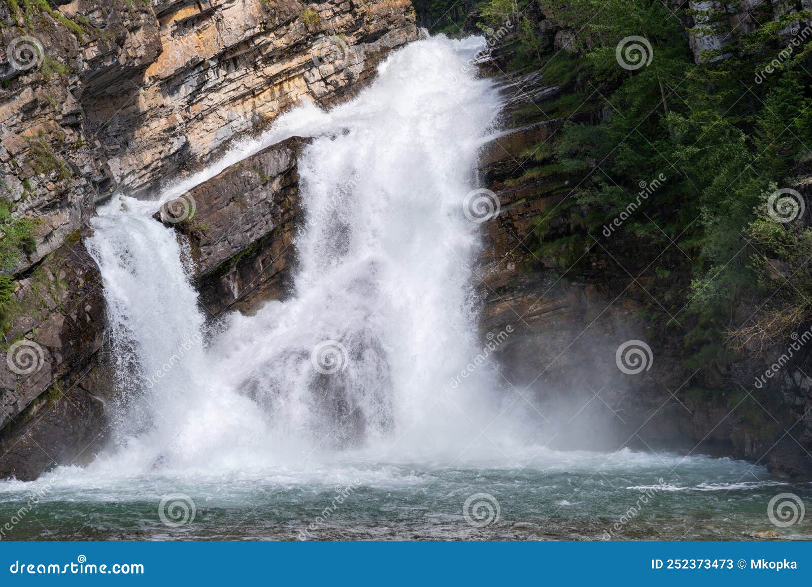 close up of the cameron falls waterfall in waterton lakes national park, canada