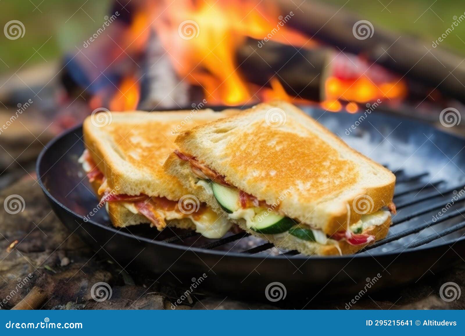 Closeup of a Campfire Toasted Sandwich on a Camping Plate Stock Image