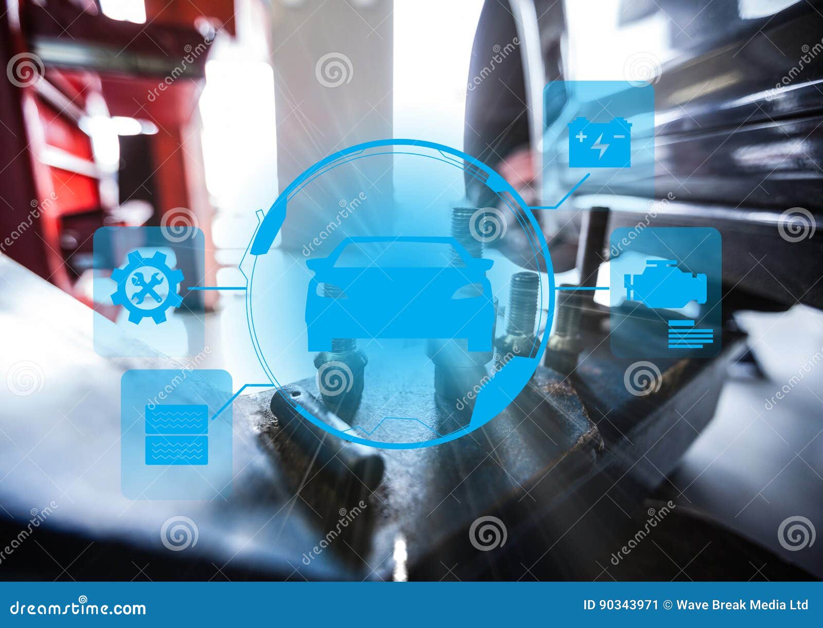 Close Up of Car Parts with Blue Interface Stock Illustration