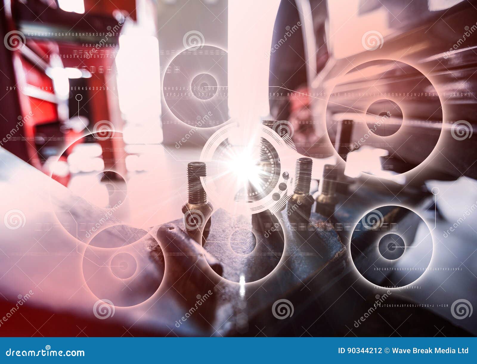 Close Up of Car Parts with White Interface and Flare Stock Illustration