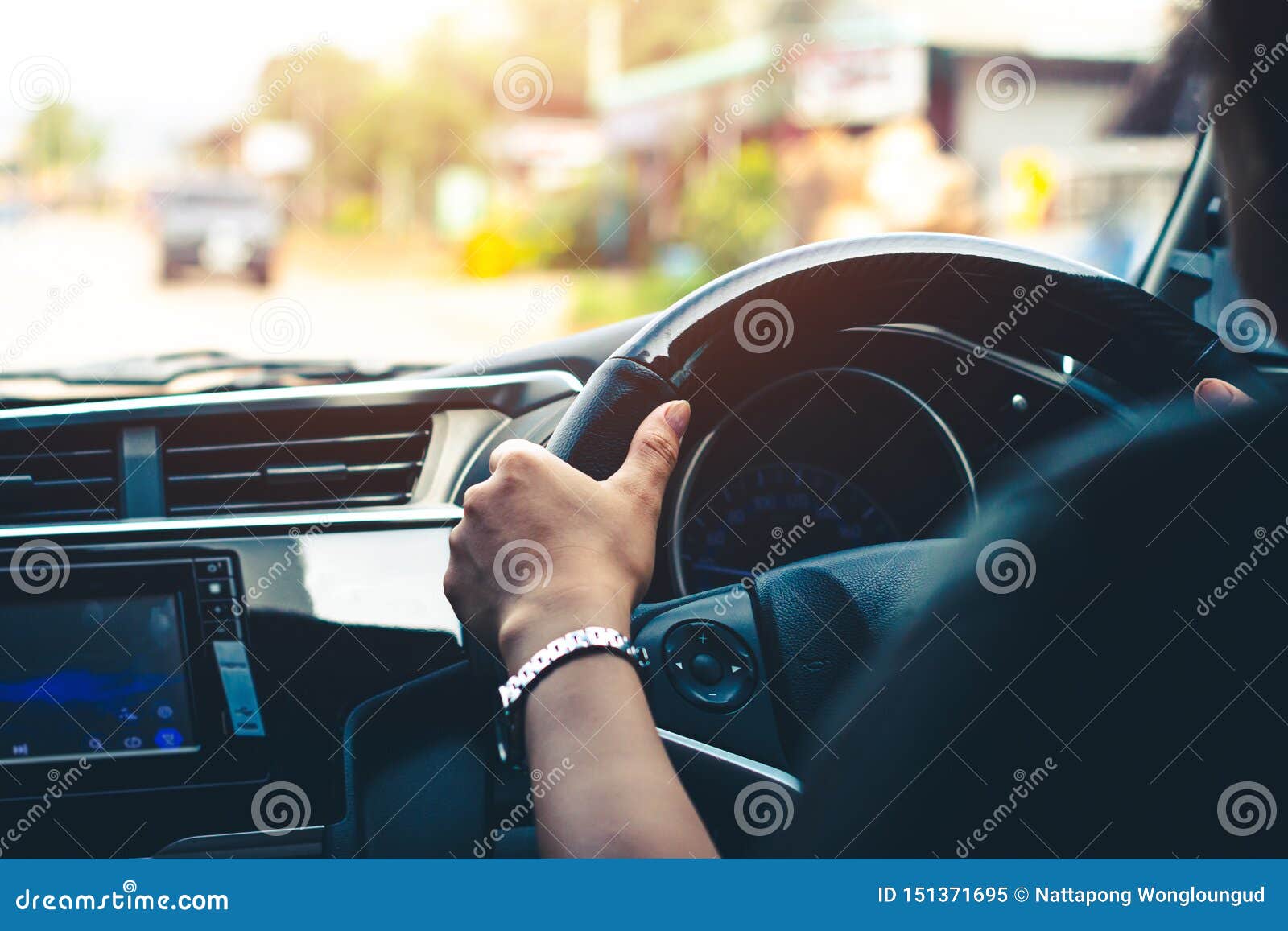 Close Up, Car Steering Wheel at the Driver`s Seat Stock Image Image