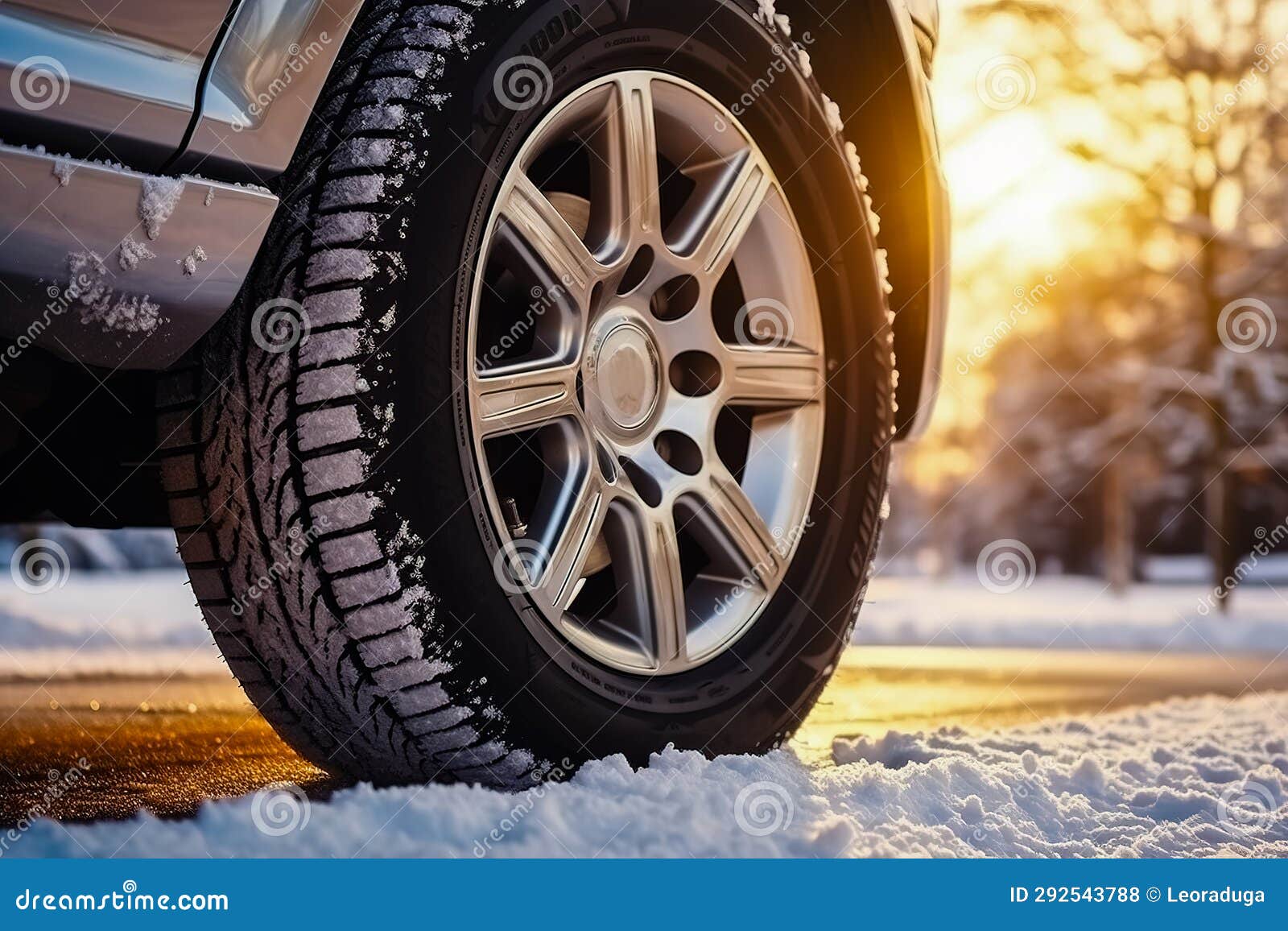 Close Up of Car Tires in Winter on the Road Covered with Snow. Winter Tire Stock Illustration