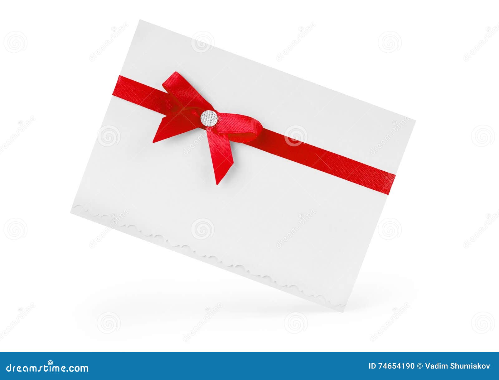 Close Up Of Card Note With Red Ribbon On White Background With C Stock