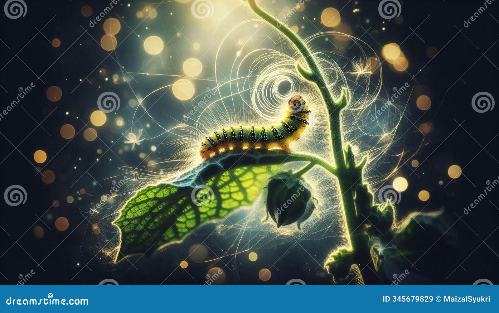 close-up of a caterpillar crafting silk on a cucumber plant, with vibrant textures and natural bokeh effect