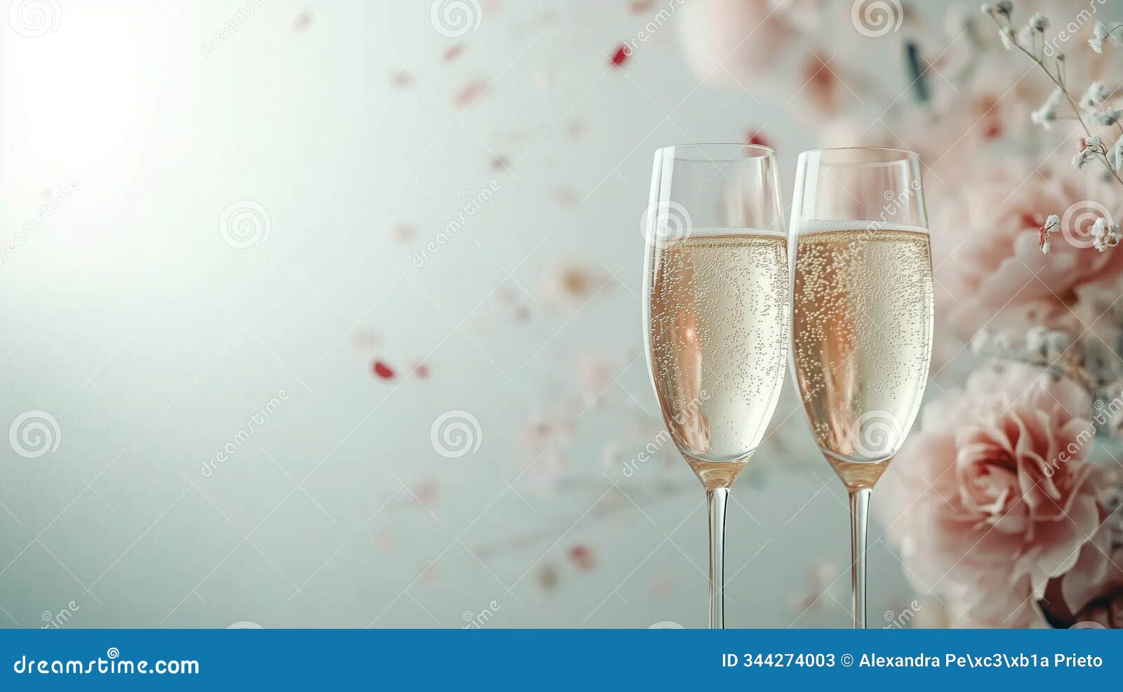 close-up of champagne flutes with floral background