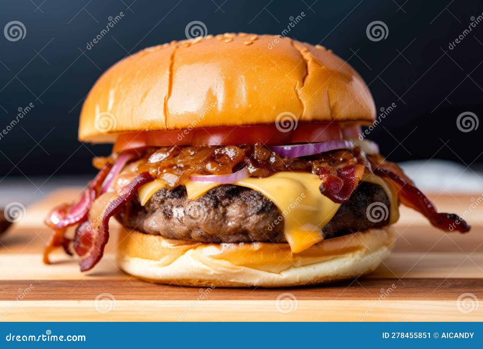 Close-up of a Cheeseburger with Caramelized Onions, Crispy Bacon, and ...