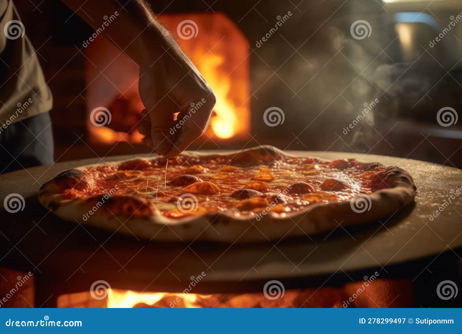 Closeup of Chefs Cooking Pizza in Front of the Traditional Oven with