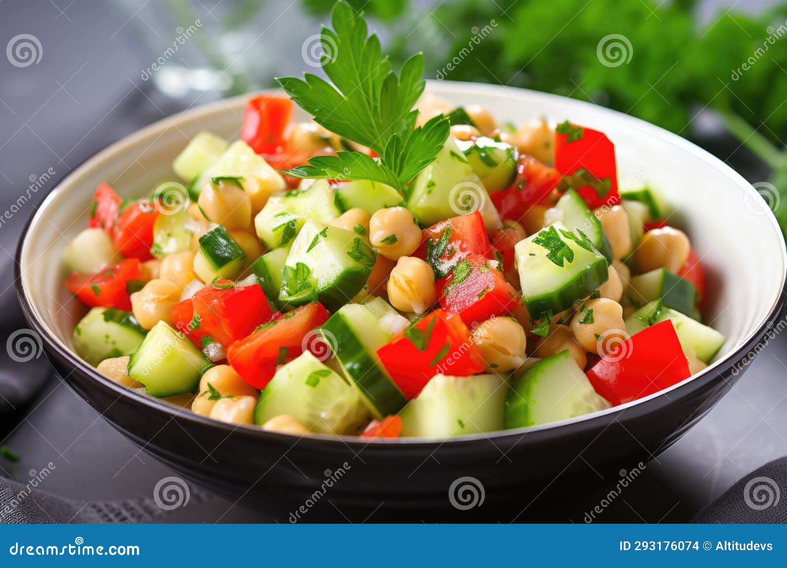 Closeup of Chickpea Salad with Fresh Cucumber and Tomato Stock Photo