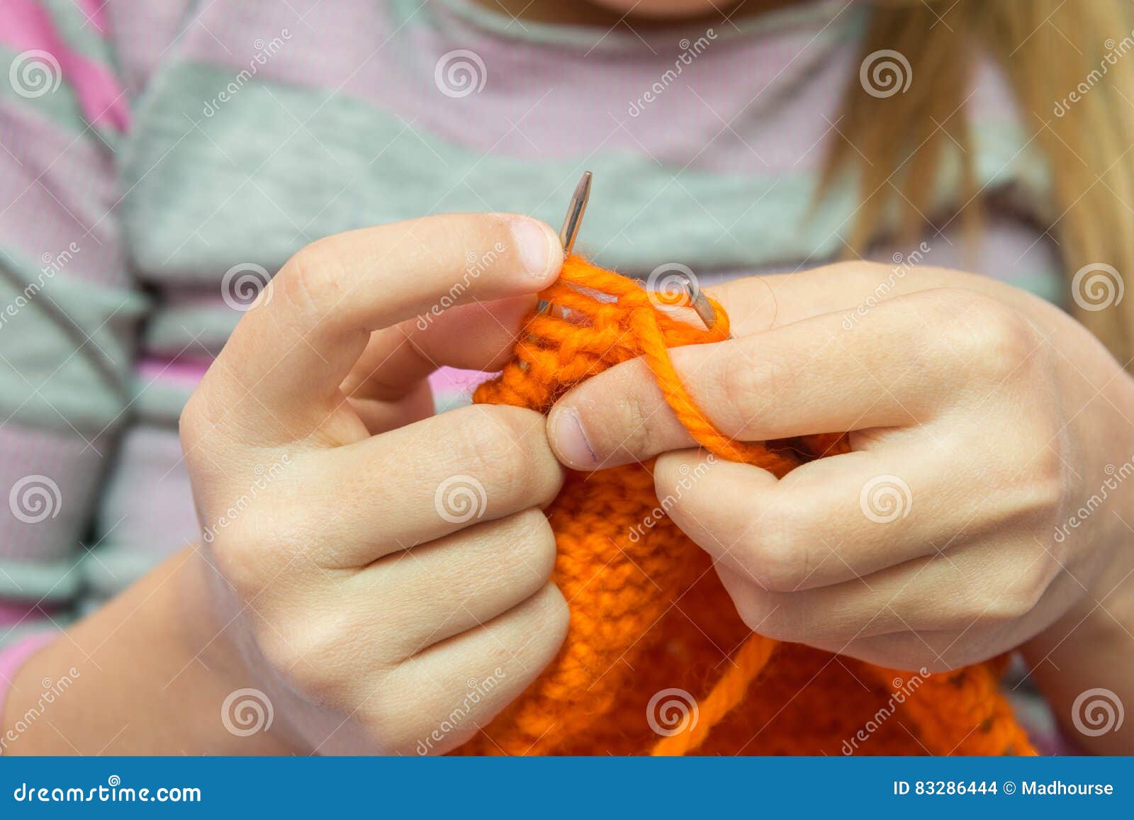 Close up of Children Hands Knit with Needles Stock Photo Image of