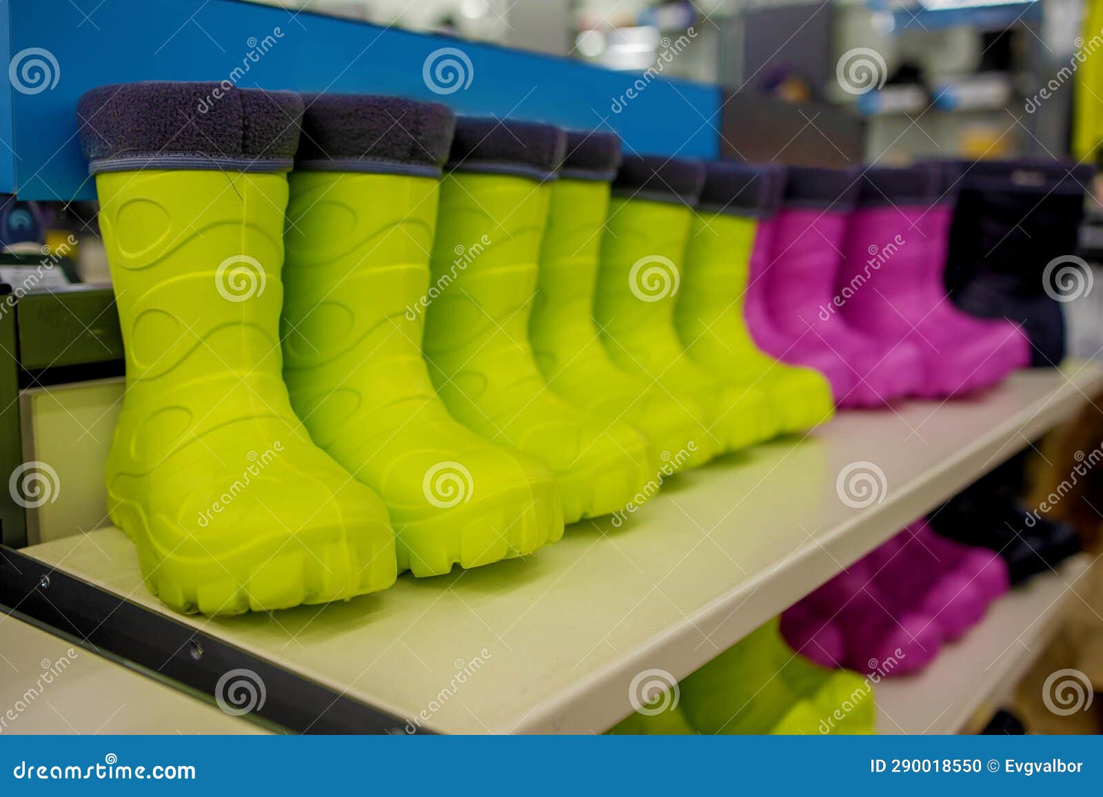Close-up of Children S Rubber Boots on the Shelf in the Store. Shoe ...