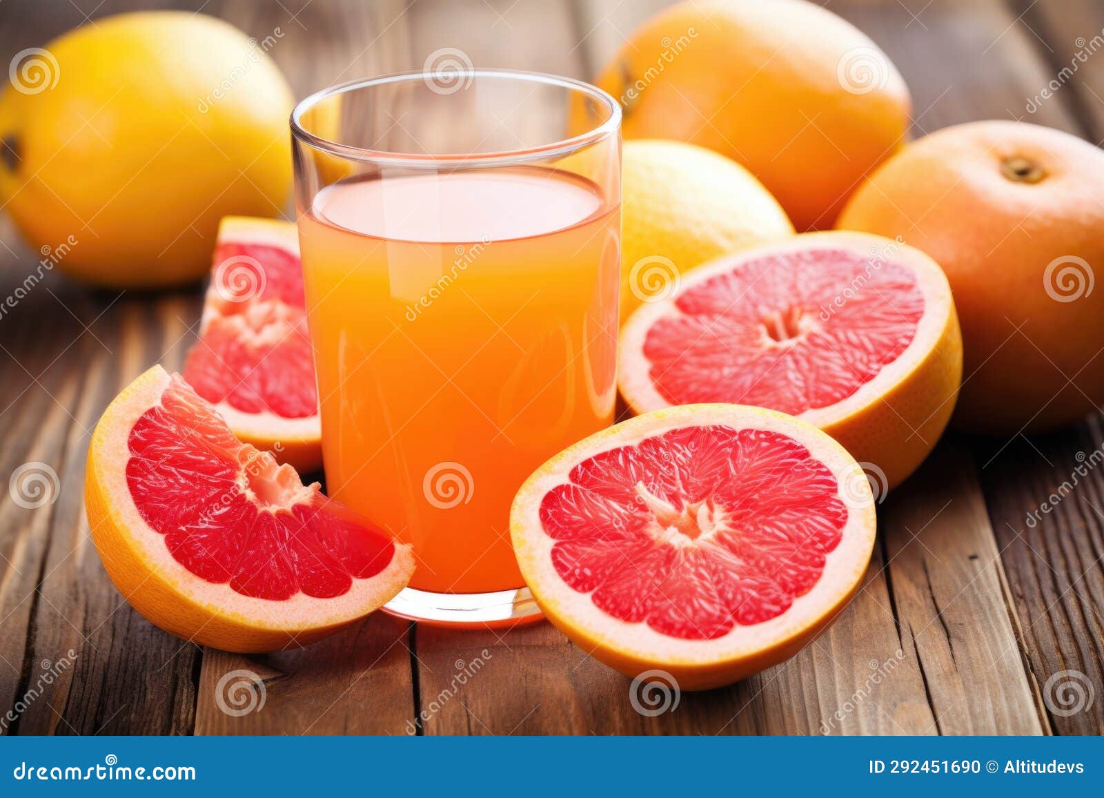 Closeup of Chilled Grapefruit Juice with Pulp and Halved Fruit Stock