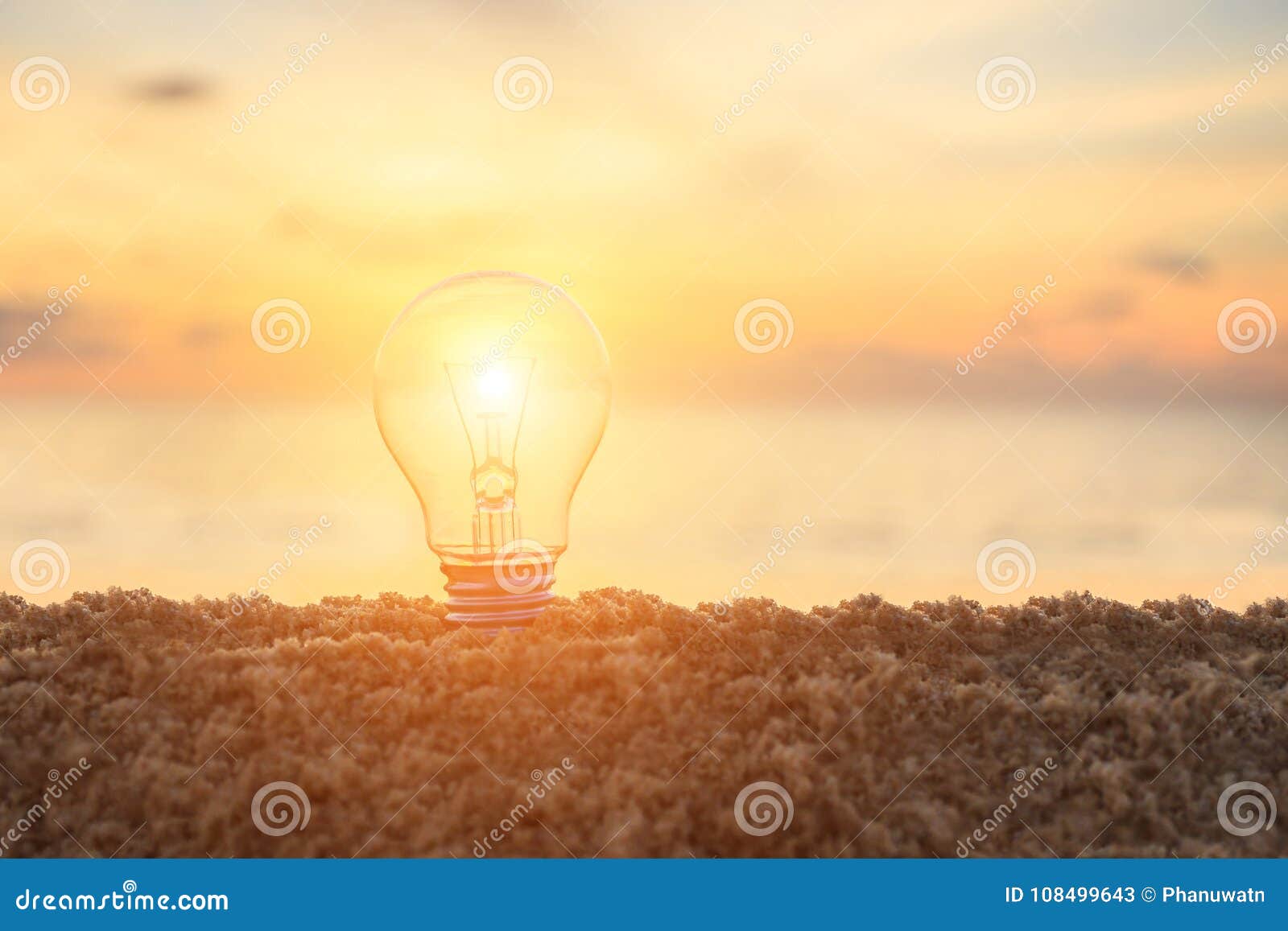 Clear Light Bulb on Sunset Beach, Energy Concept Stock Image - Image of
