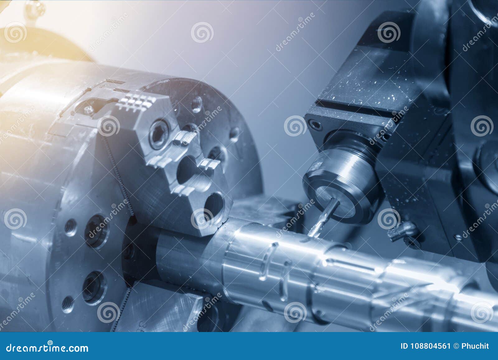 close up of the cnc lathe turning machine