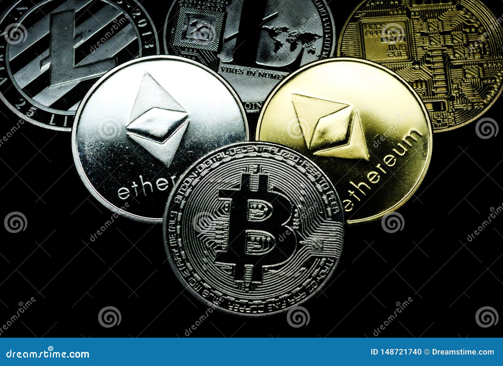 Close Up Of A Collection Of Silver And Gold Crypto Coins ...