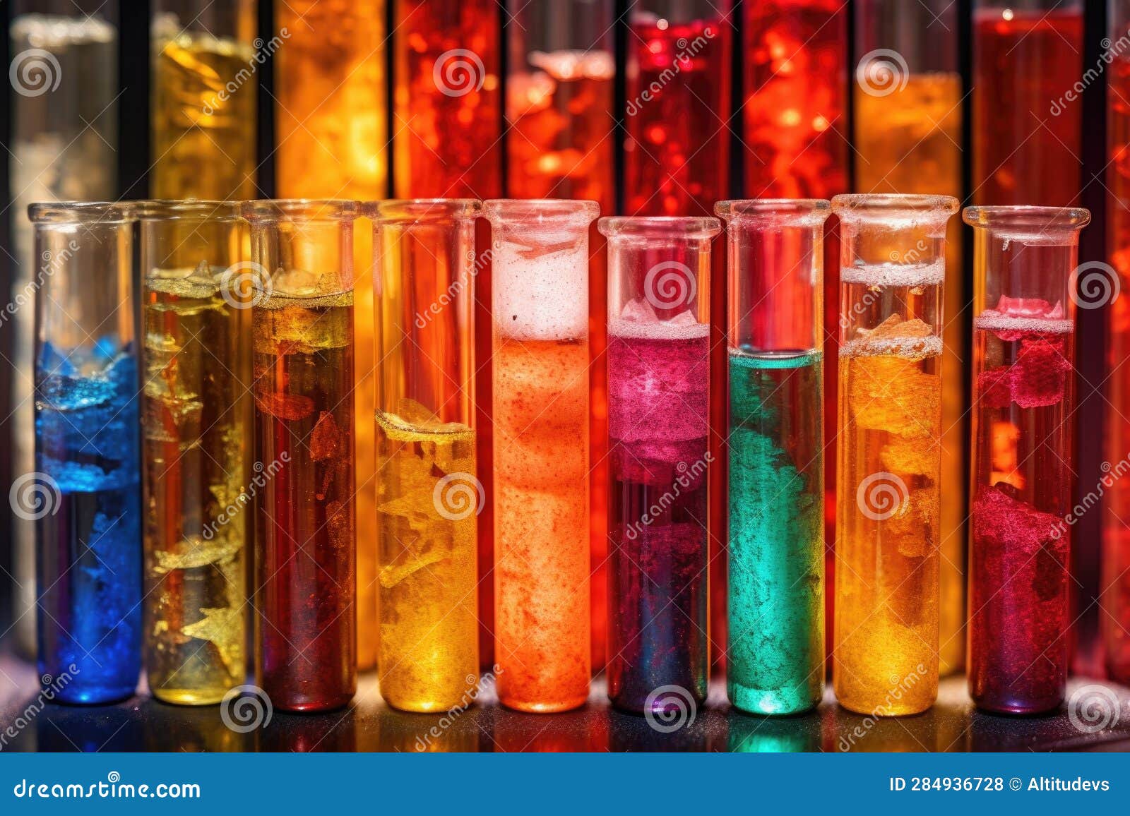 Closeup of Colorful Chemical Samples in Test Tubes Stock Photo Image