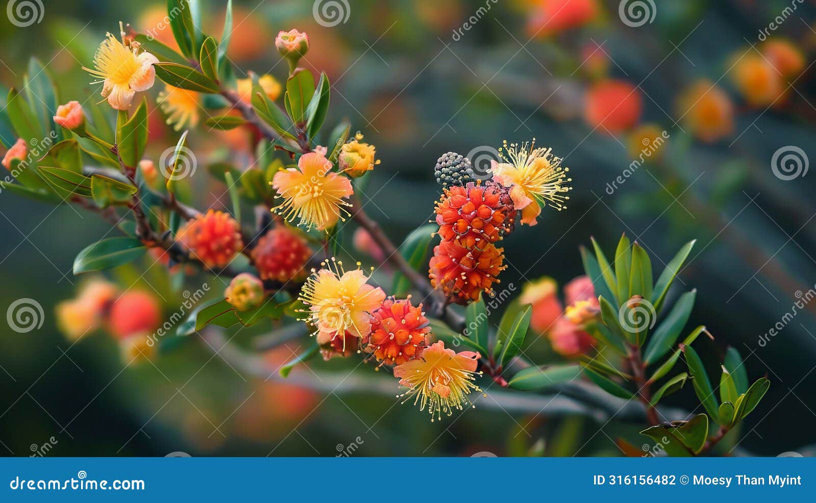 close up of colorful myrtaceae blooming with vibrant flowers