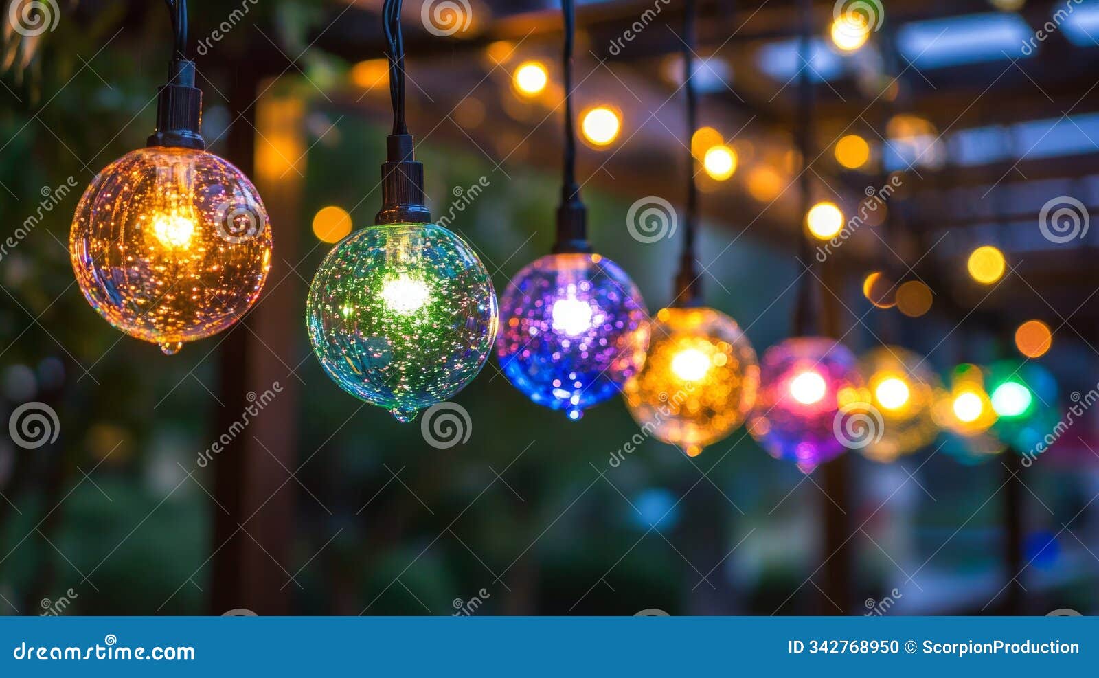 close-up of colorful string lights under a wooden pergola