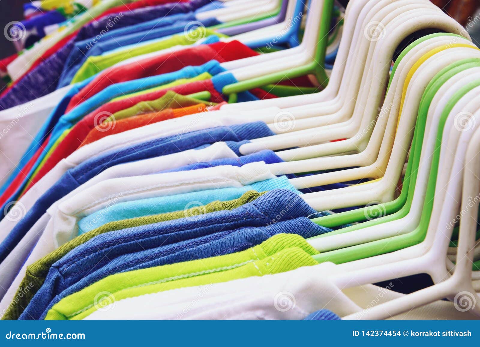 Close Up Colorful T Shirts are Hanging on Rack Stock Photo - Image of ...