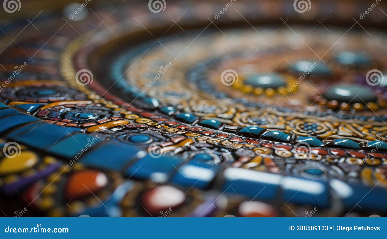 A Close Up of a Colorful Tile Design on a Table Top with a Circular