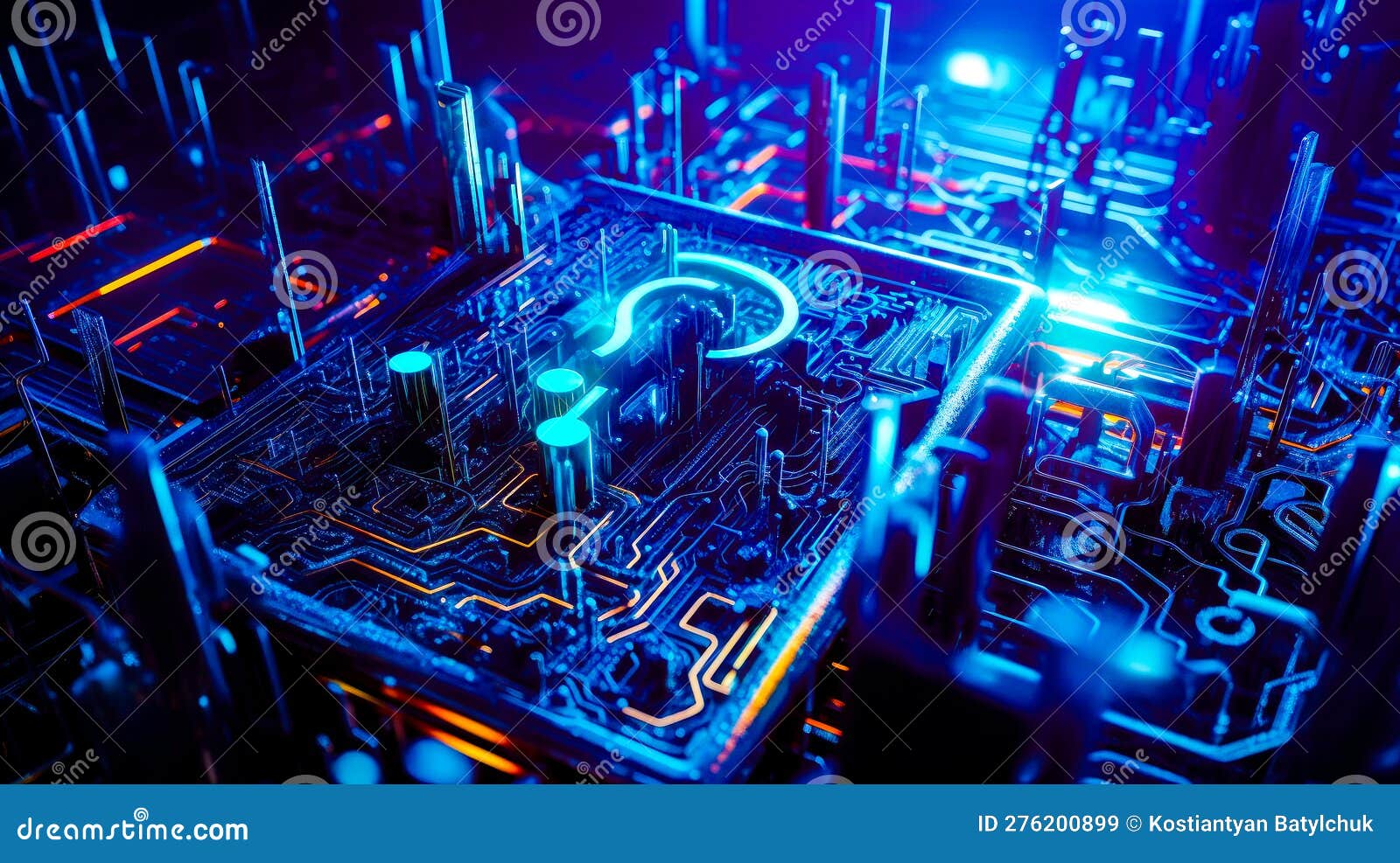 Close Up of Computer Motherboard with Blue and Yellow Lights in the