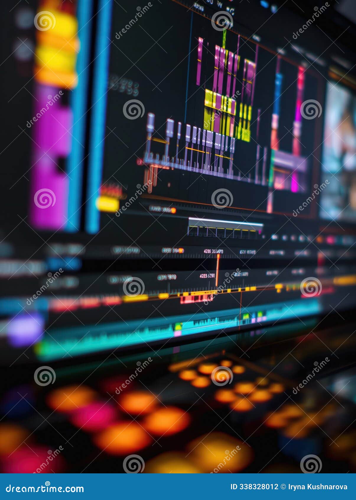 close-up of computer screen displaying pro video editing software timeline. vertical layout with colorful interface, selective