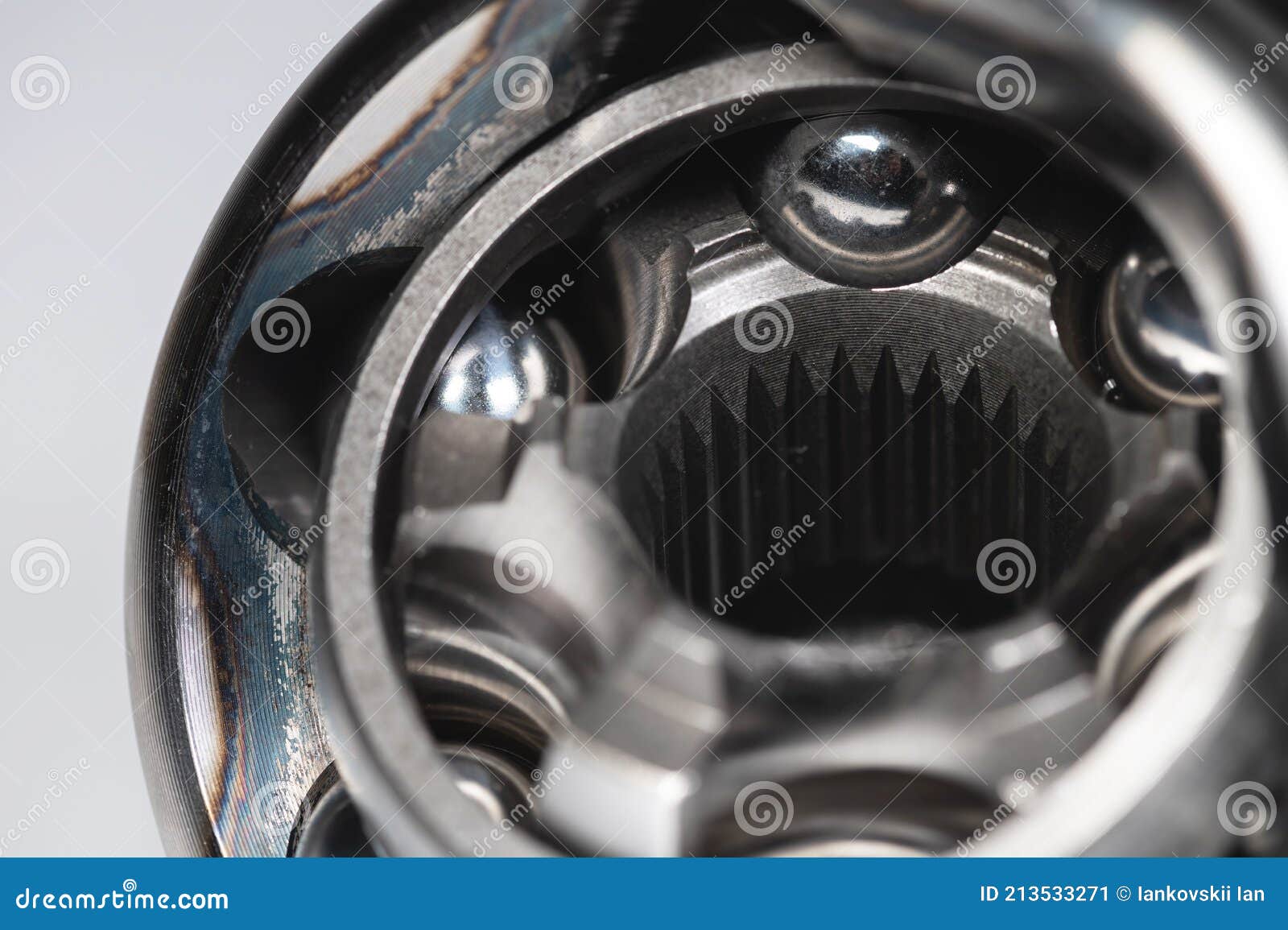 close-up constant-velocity universal spheric joint new on gray background