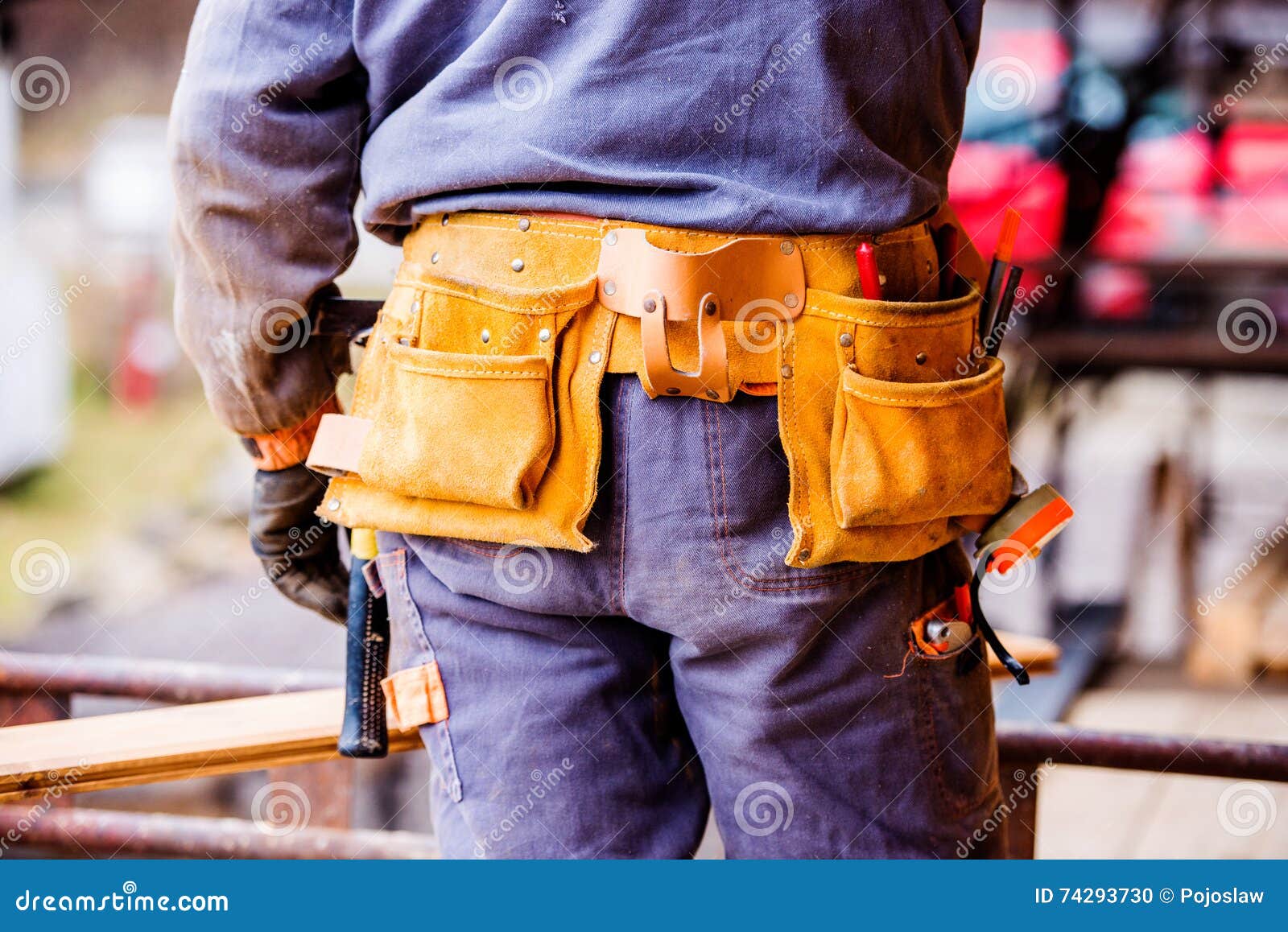 Closeup of Construction Worker with Tool Bag, Rear View Stock Photo Image of leather