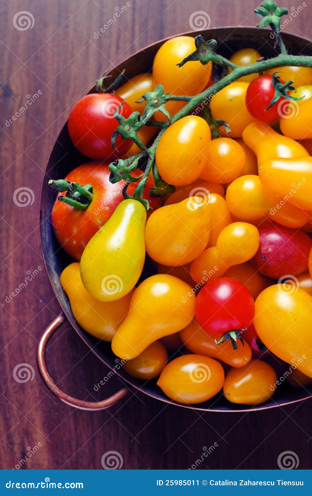 Close Up of Copper Pot with Colored Tomatoes Stock Image Image of