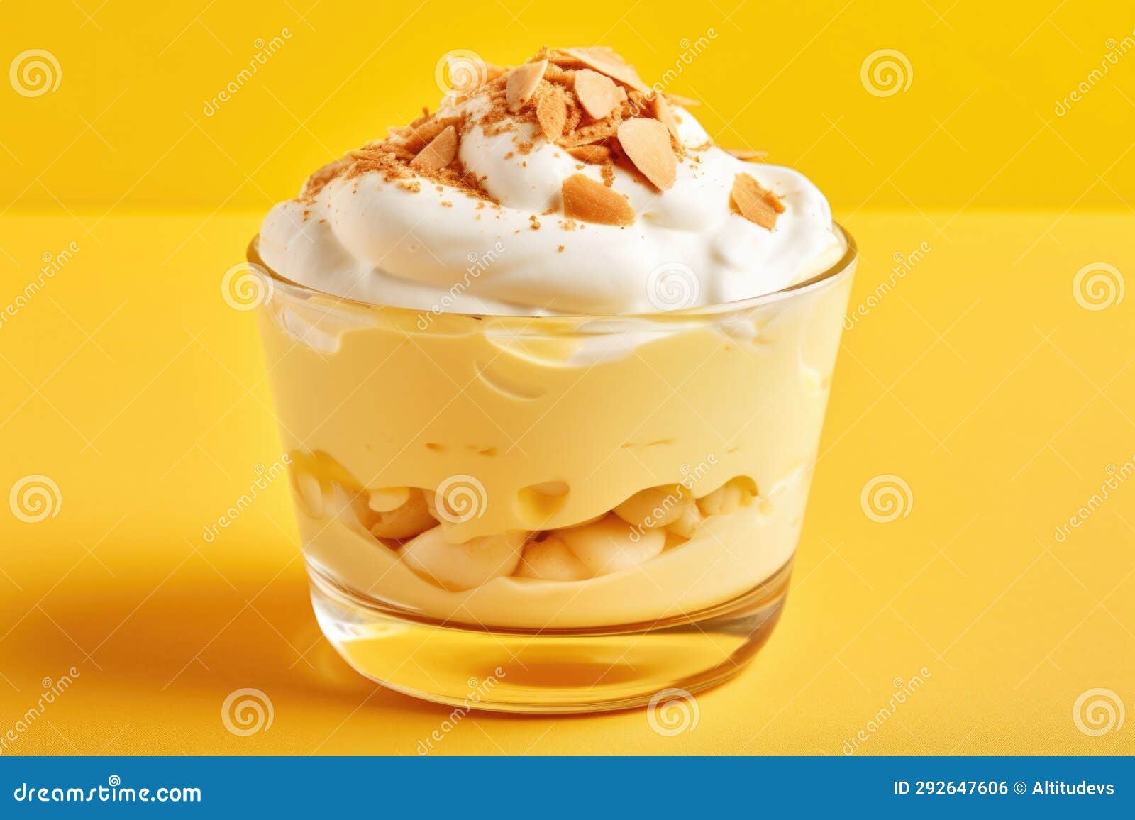Closeup of a Creamy Banana Pudding on a Yellow Background Stock Photo