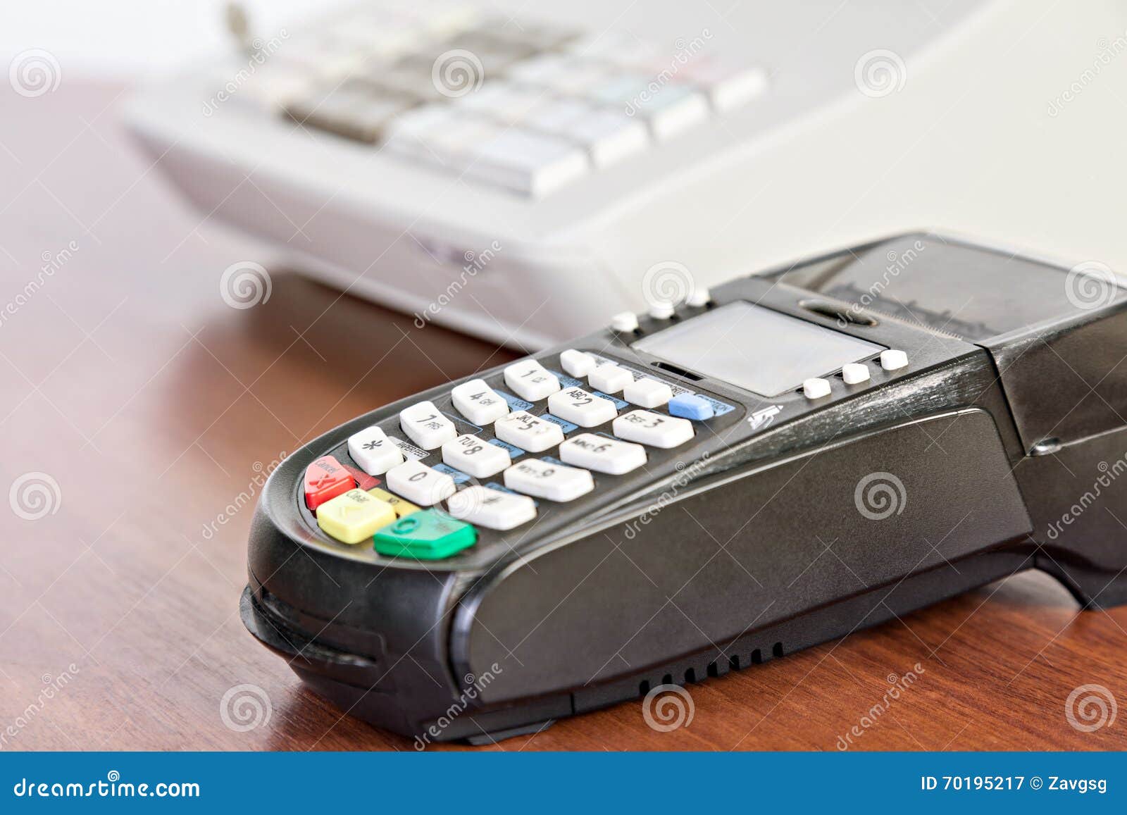 Closeup of Credit Card Reader on the Cash Register Background. Stock