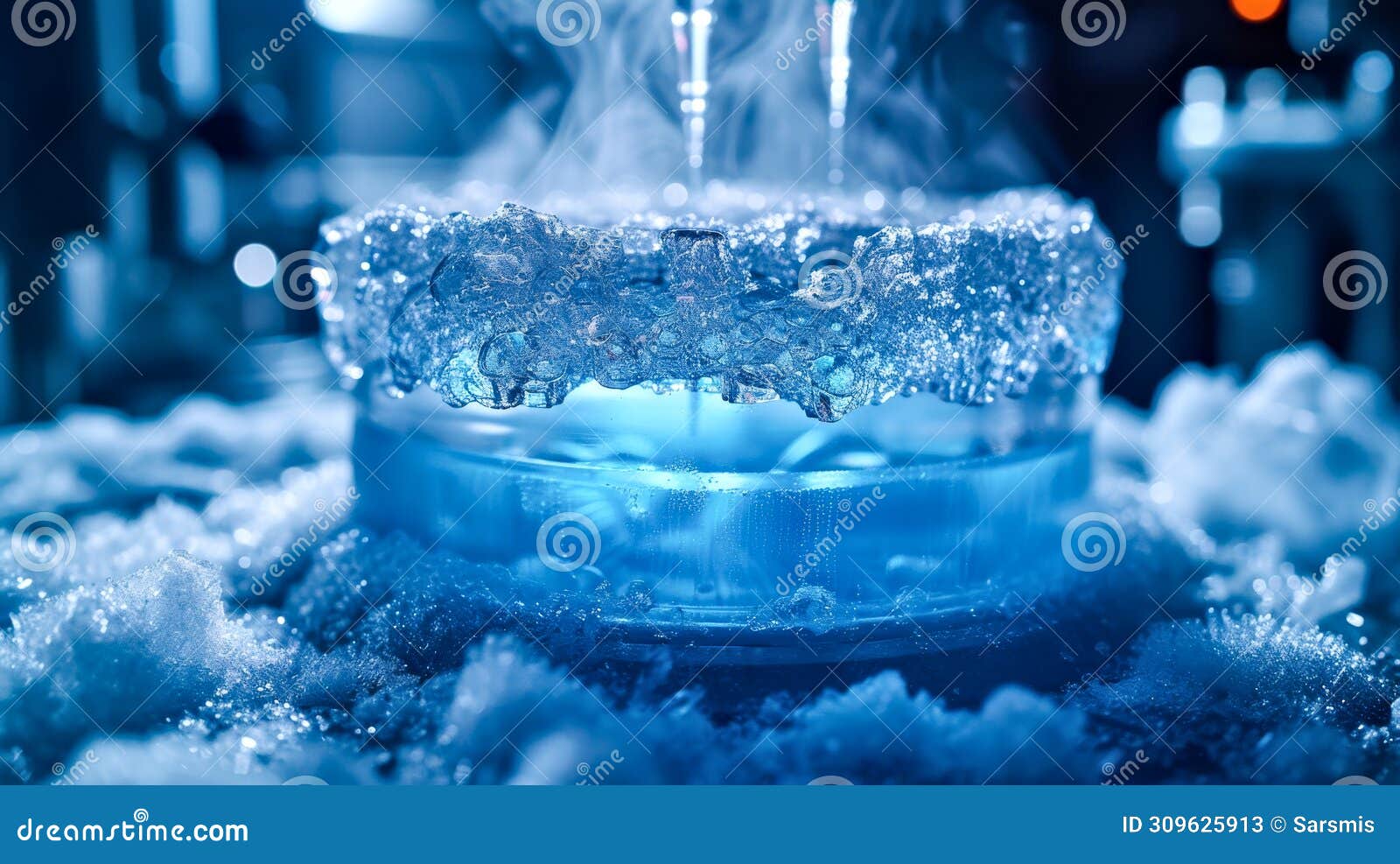 Closeup of a Cryogenic Freezing Process with Ice Forming in a Lab