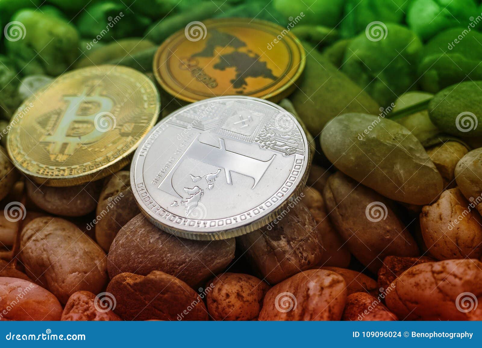 Close Up Of Crypto Metal Coins Bitcoin, Litecoin, Ripple ...