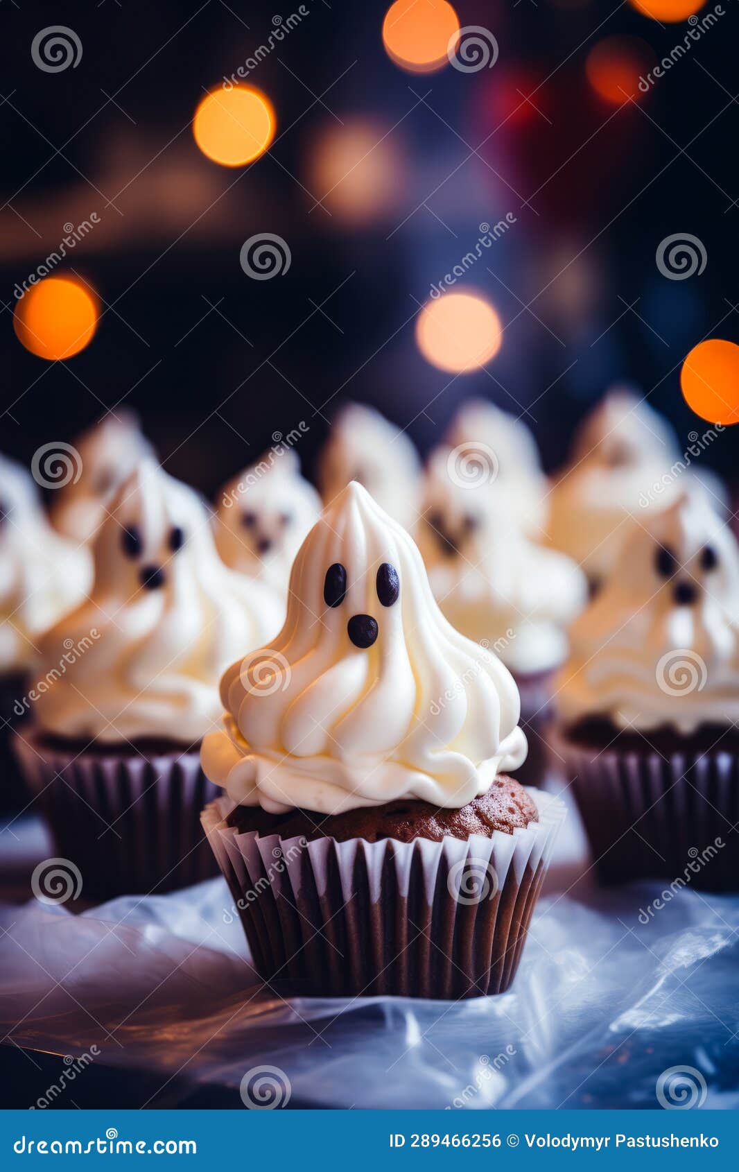 Close Up of Cupcake with Icing and Ghost Decorations. Generative AI Stock Photo Image of table