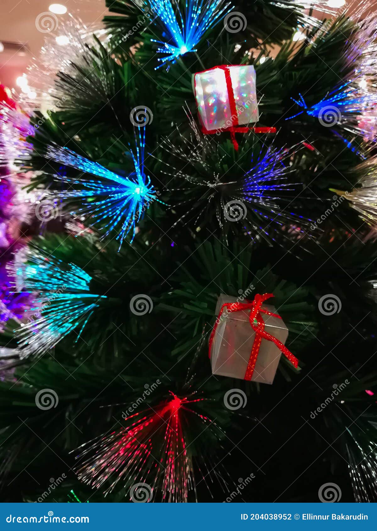 Close Up of Decorated Christmas Tree with Led Lights Stock Photo