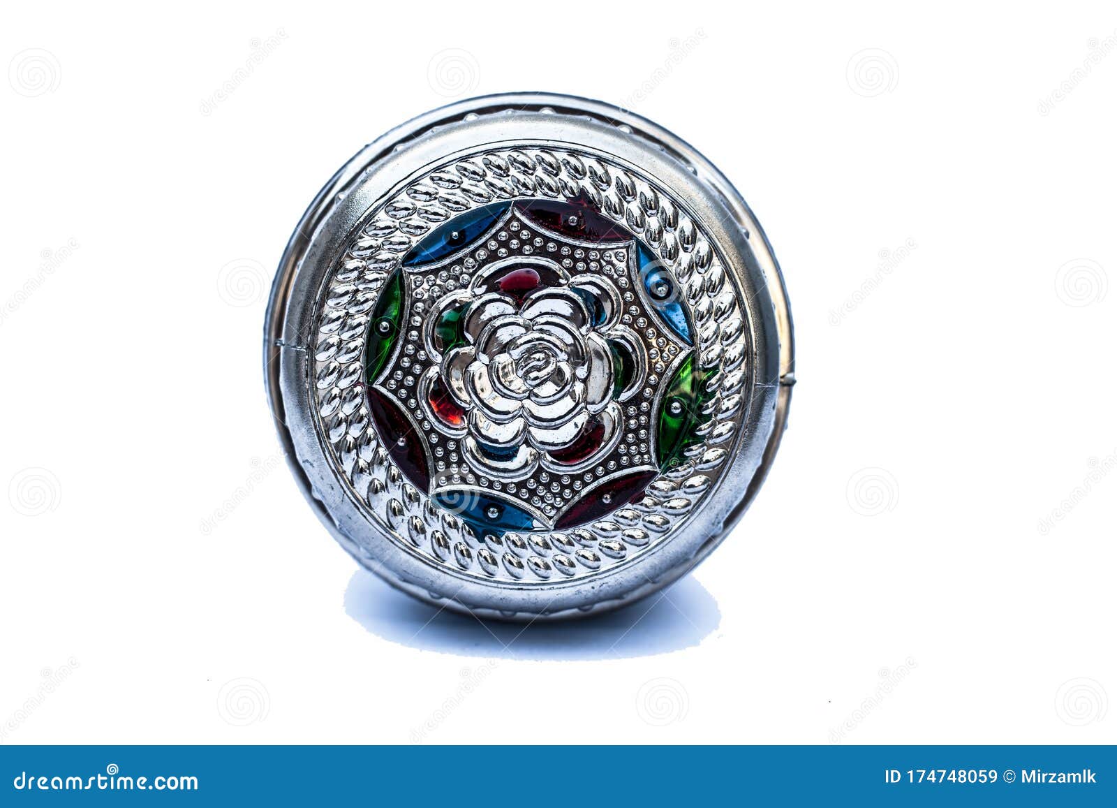 Close Up of Decorative Small Container Isolated on White with Silver