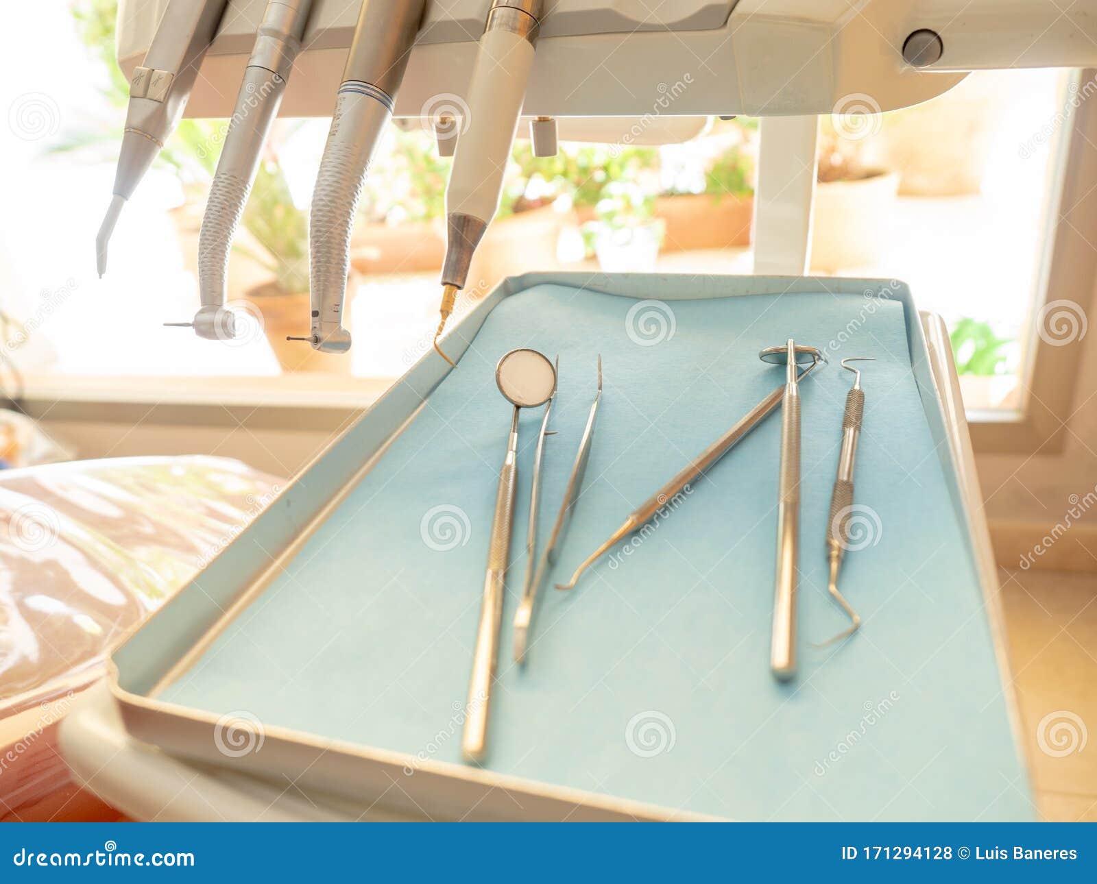 close-up of a dentist`s instrument in the clinic where he attends patients