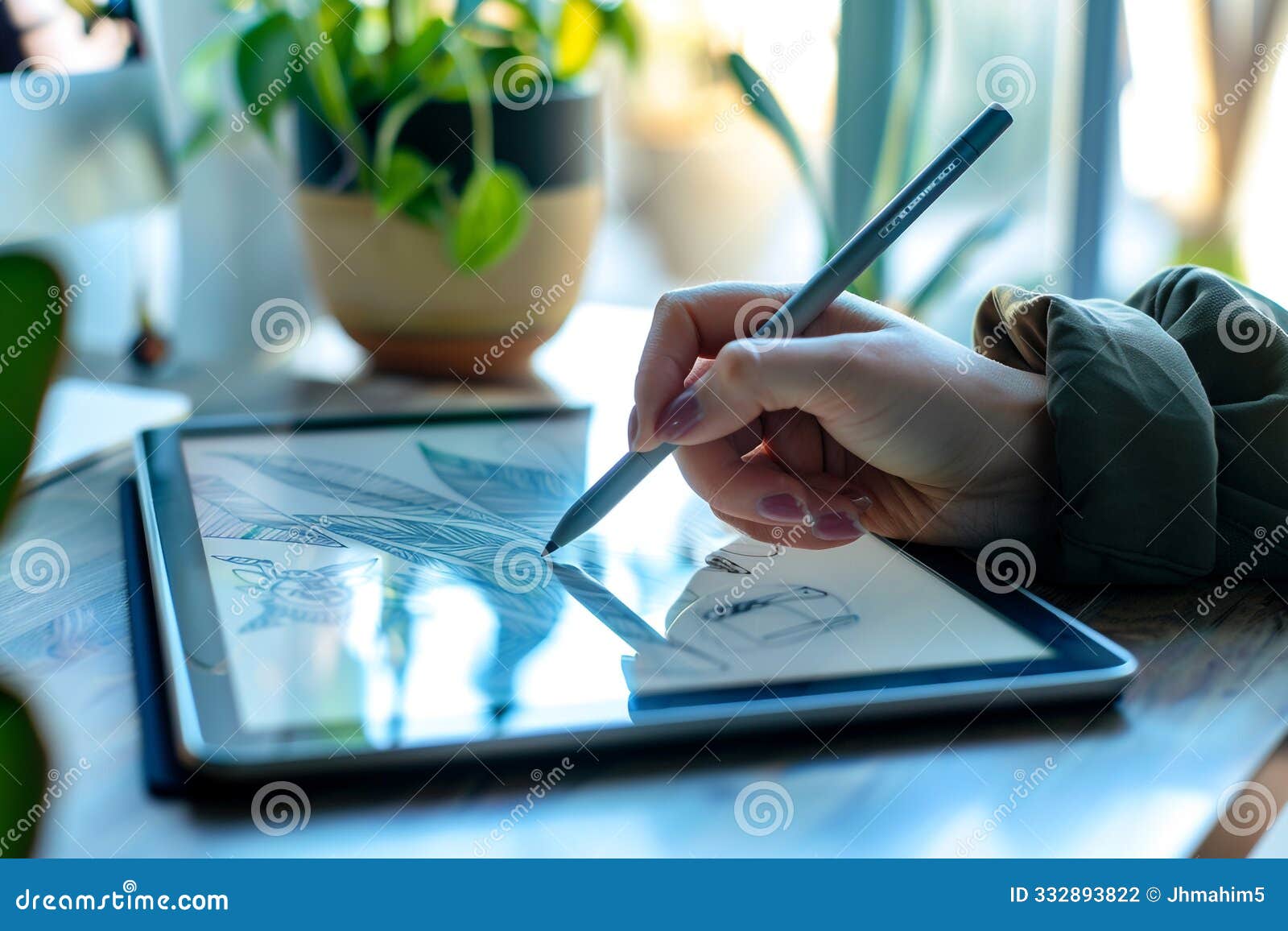 closeup of a ers hand sketching ideas on a digital tablet in a creative home office setup