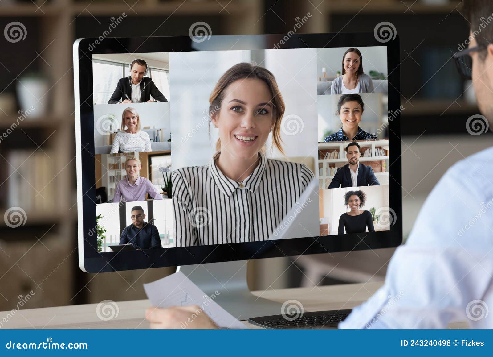 Close Up Desktop Computer Screen with cam Video Conference Interface