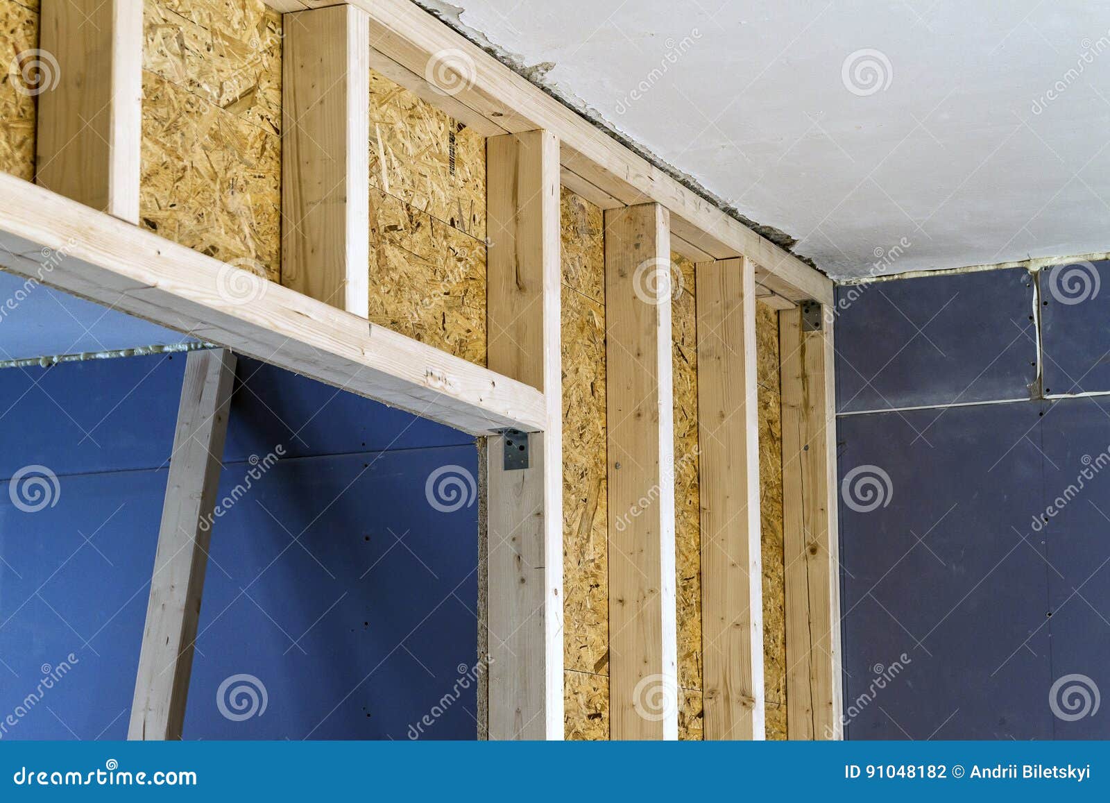 Close Up Detail of House Construction Wooden Wall Elements. Interior Frame Renovation Work Stock