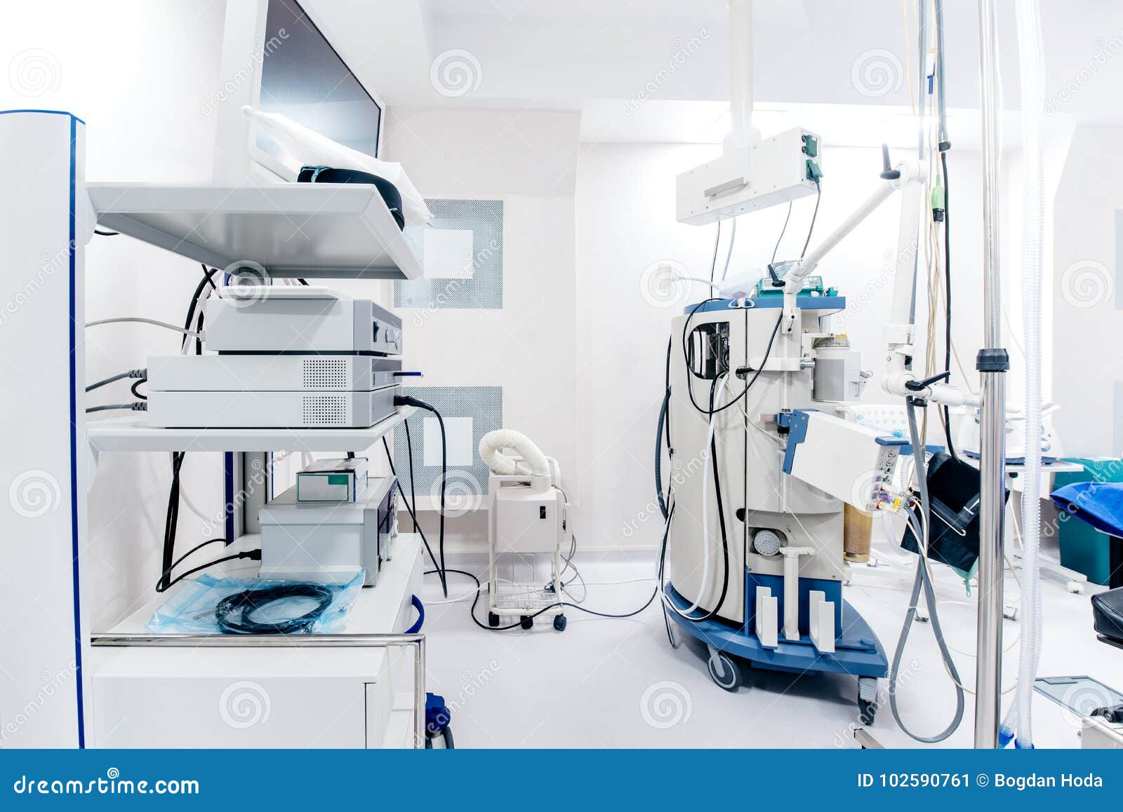 close up details of hospital operating room interior. medical devices and life support monitors