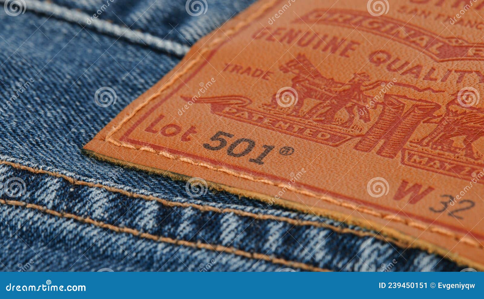 Close Up of the Details of New LEVI S 501 Jeans. Seams and Denim ...