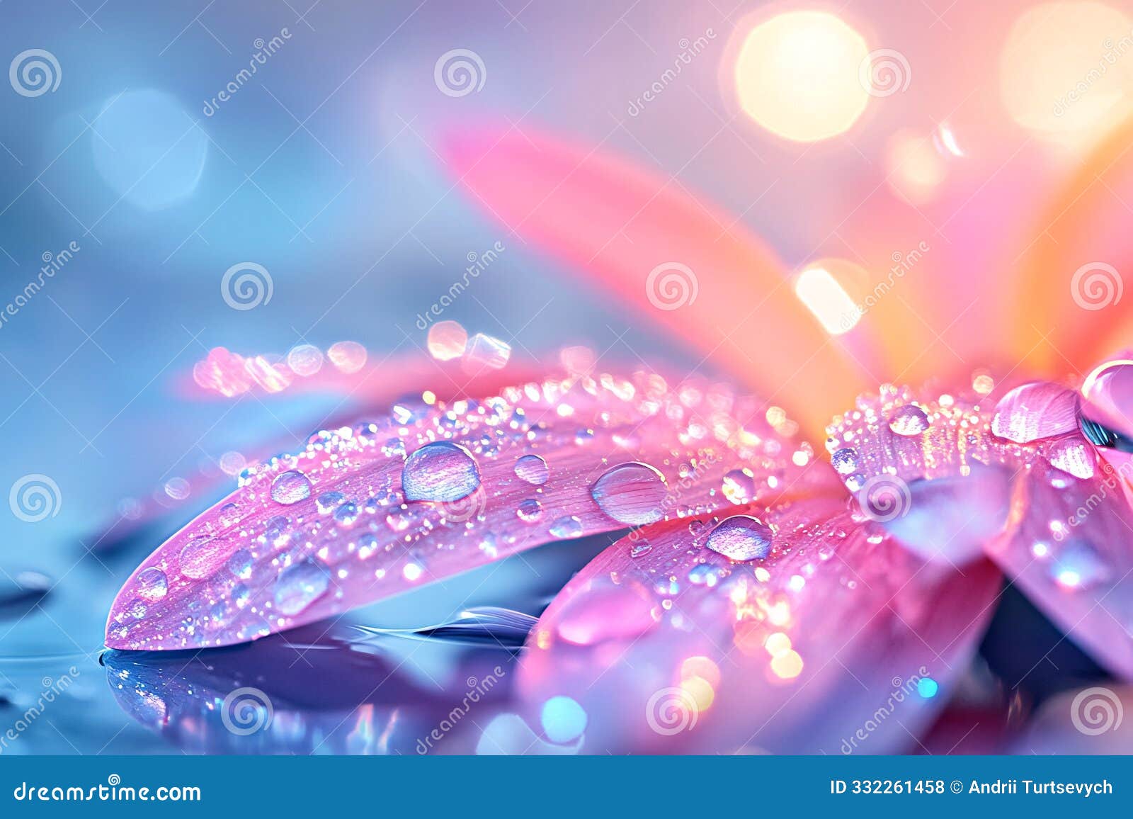 close-up of dew-covered pink flower petals in soft pastel lighting